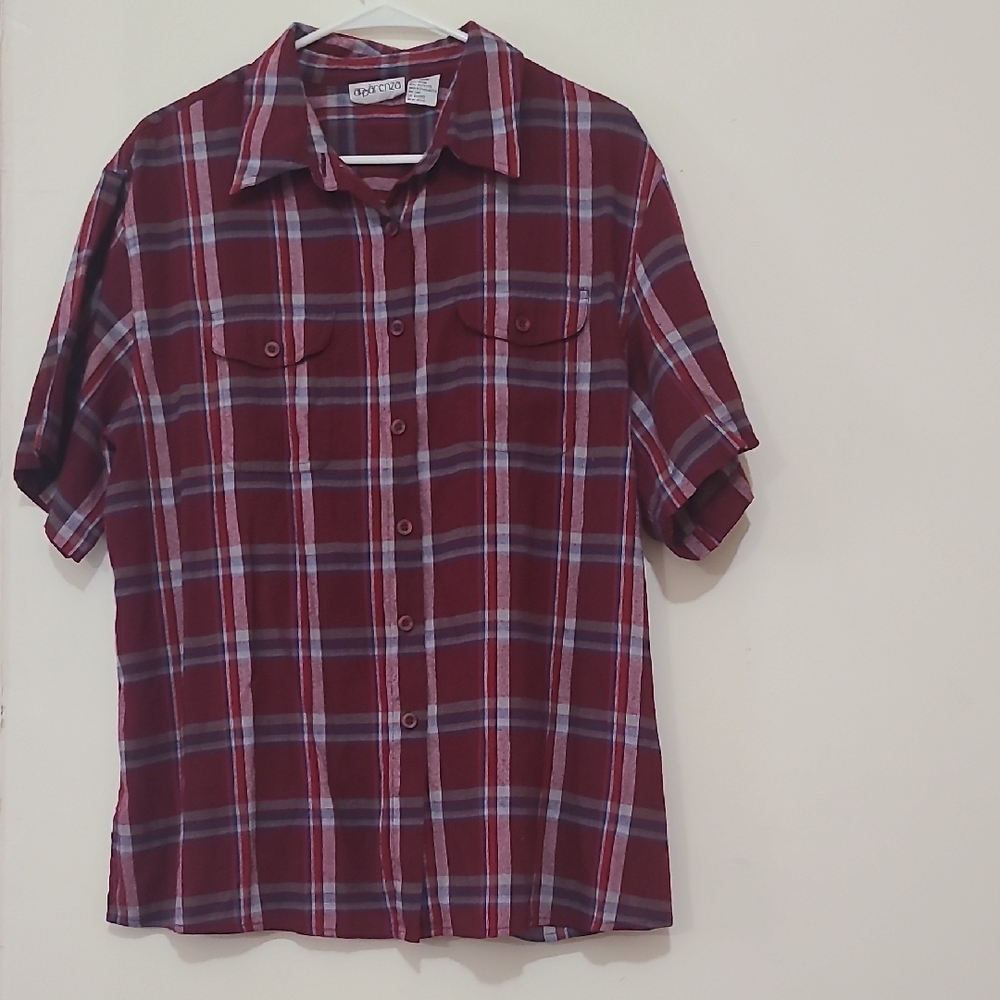 Plaid Short Sleeve Shirt - Red and Blue
